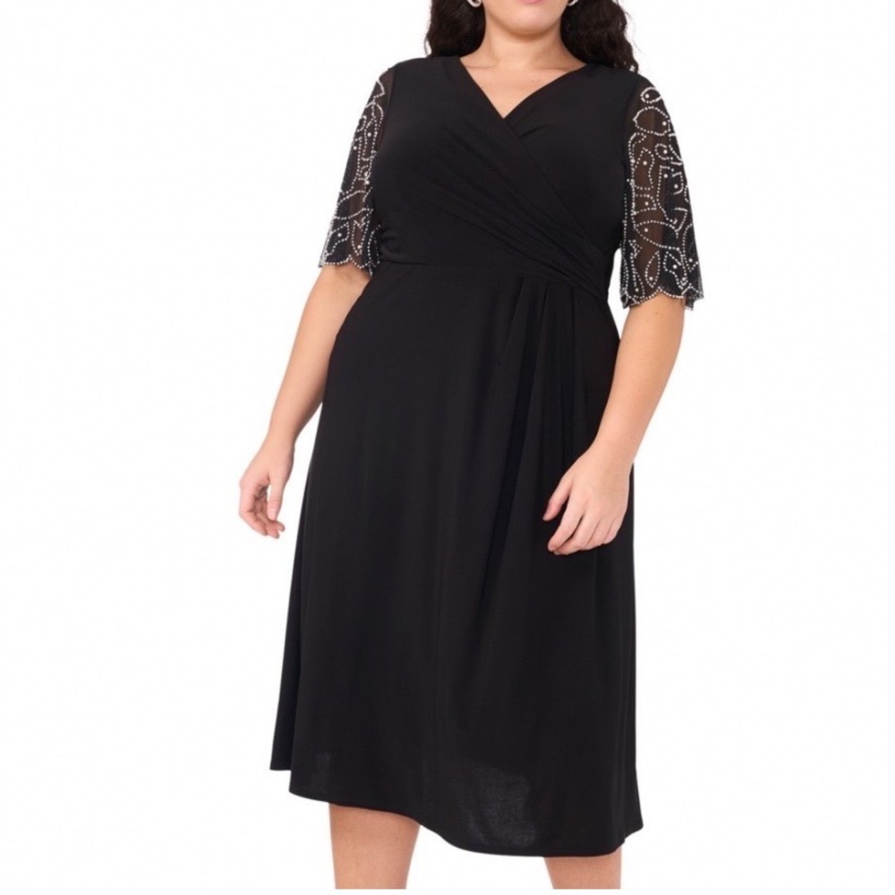 MSK Faux Wrap Dress Women 2X New Black Pearl Rhinestone Flutter Sleeve
